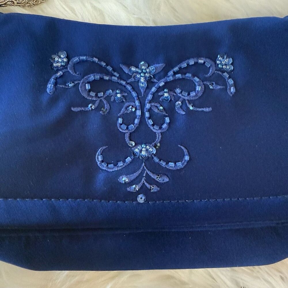 Vintage Blue Floral Beaded Square Handbag Shoulder Bag Purse Chain Y2K - Picture 2 of 8
